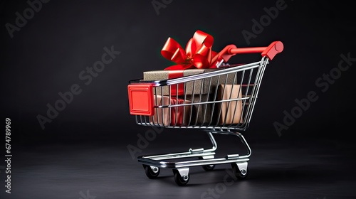 Shopping cart with many gift boxes gift box with red ribbon on dark black background, Black Friday concept, discount and sale, Grocery cart full of gift boxes