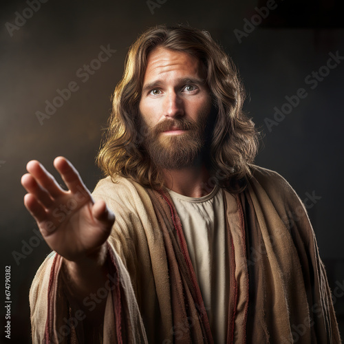 Representation of Jesus Christ waving his hand in a gesture of peace and tranquility. Jesus Christ waving to someone with a look of peace and love.