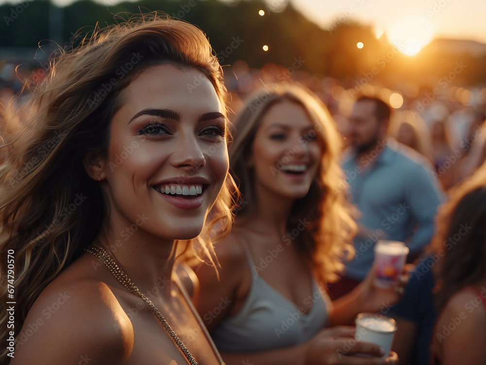 A group of young women enjoying a cheerful moment, all smiles, at an outdoor festival. AI generated