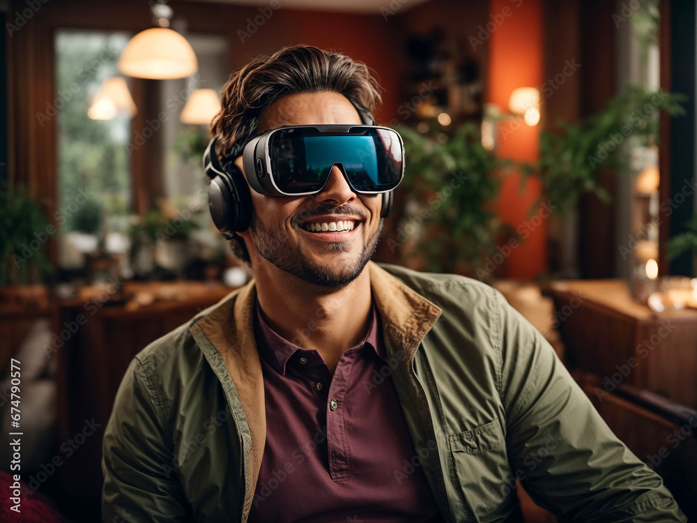 A man wearing virtual reality headset, or 360 glasses, in his living room, immersed in a virtual world. AI generated A man wearing virtual reality headset, or 360 glasses, in his living room, immersed in a virtual world. AI generated
