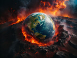 A stunning, surreal image of planet Earth against the backdrop of a fiery, volcanic lava planet, creating an otherworldly and apocalyptic landscape. AI generated
