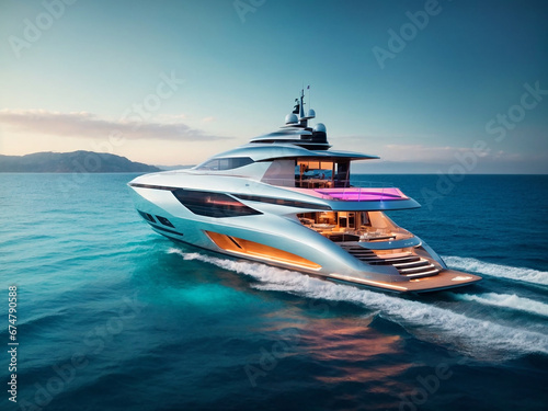 A modern motor yacht cruising on the open sea under a clear sky. AI generated