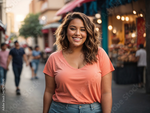 A portrait of an overweight nice woman smiling on the street. AI generated