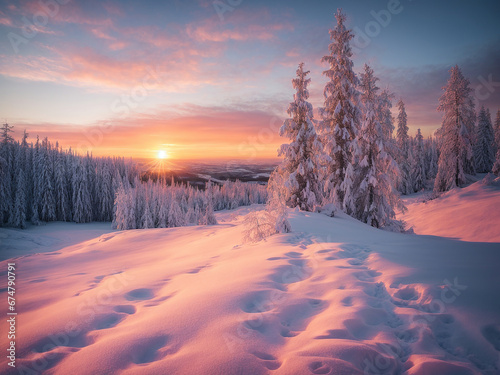 snowy natural landscape at sunset. AI generated © Q