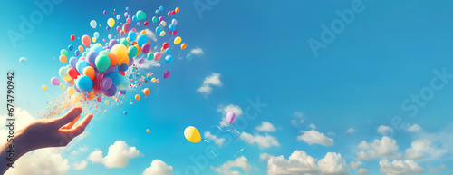 Endless Possibilities: A Hand Releasing Colorful Balloons to the Sky photo