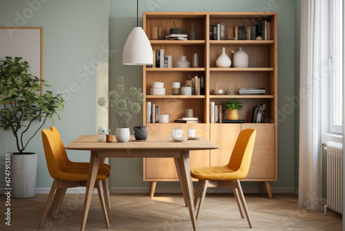 Modern Scandinavian Dining Room Interior Design with Cupboard