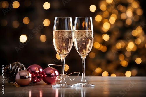 Champagne Flutes and Pink Ornamemts on a Bokeh Lights Background