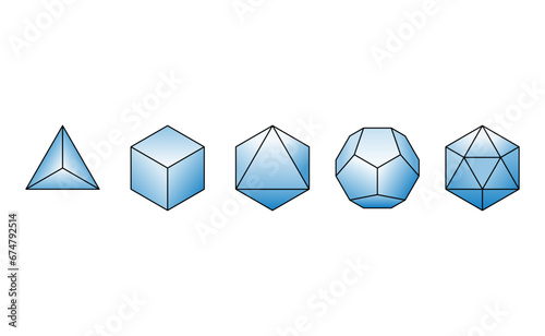 The Platonic solids in a row. Regular convex polyhedrons with equal side lengths and same number of identical faces meeting at each vertex. Tetrahedron, cube, octahedron, dodecahedron and icosahedron.