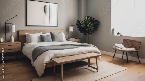 Bedroom decor, home interior design . Scandinavian Minimalist style with Statement Lighting decorated with Wood and Leather material . Generative AI AIG26.