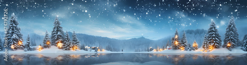 Winter christmas graphic for banner or christmas card. Winter scenery and mood  blue and white colors  snow falling.