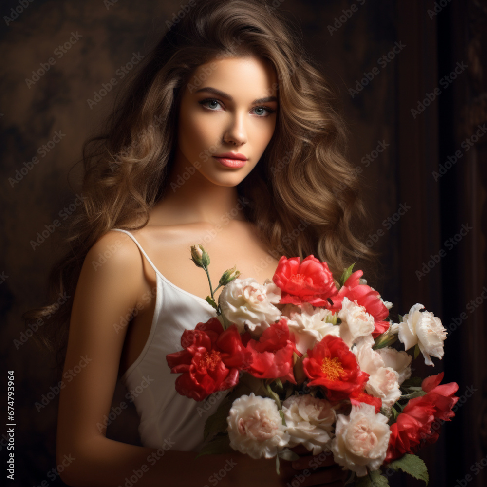 portrait of a girl with a bouquet of flowers portrait of a girl with a bouquet of flowers