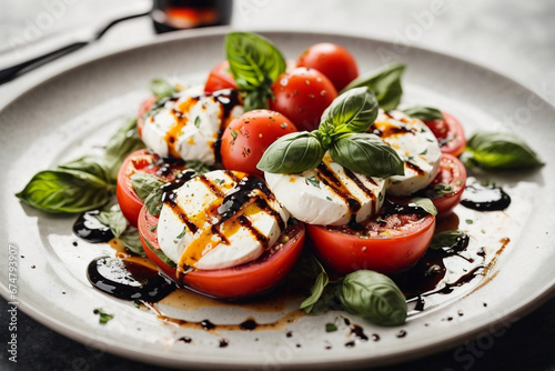 A refreshing Caprese salad with ripe tomatoes, mozzarella cheese, basil leaves, drizzled with balsamic glaze and olive oil, served on a white plate photo