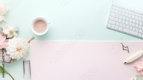 table above desk pastel top view illustration modern background, office design, copy space table above desk pastel top view