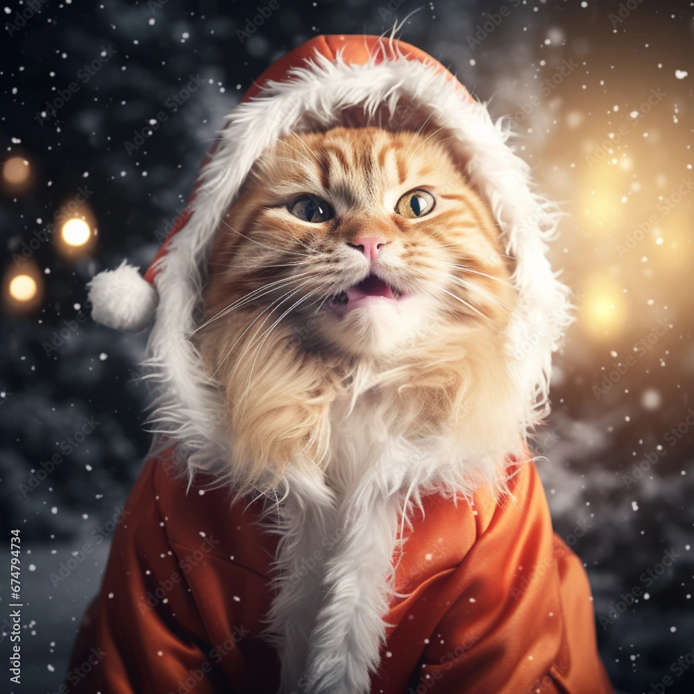 A long-haired cat on a dark background is dressed as a santa clause, image made with AI