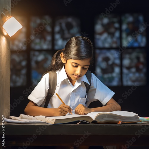 Cute indian child studying at home, study with limited facilities photo