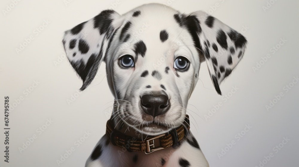 A close up of a dalmatian dog with blue eyes
