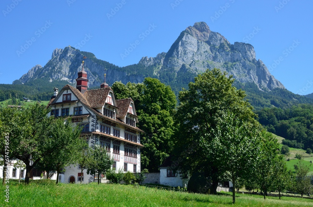 Vista de Schwyz bajo las montañas, Suiza