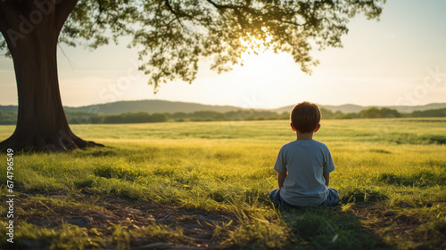 small boy sitting on the grass under a tree photo