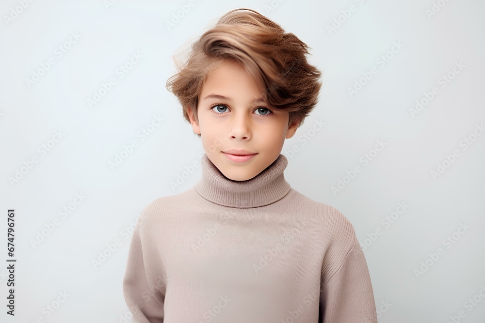 Stylish male child in a turtleneck sweater, on a minimalistic simple bright background. generative AI