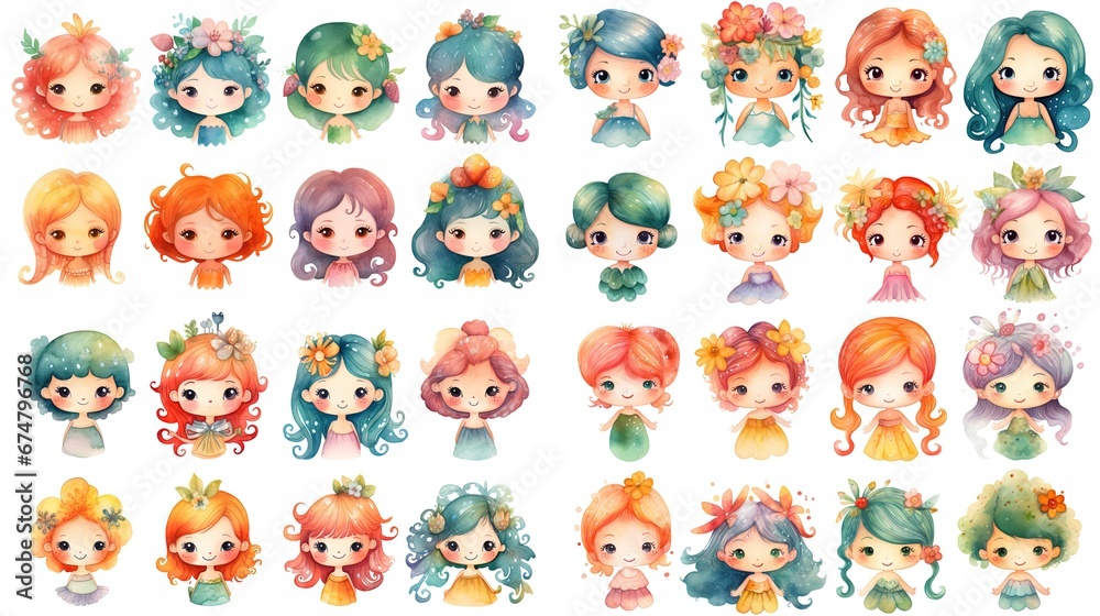 Fototapeta premium watercolor cartoon style illustration of young girl with flower whimsical fantasy atmosphere, Generative Ai