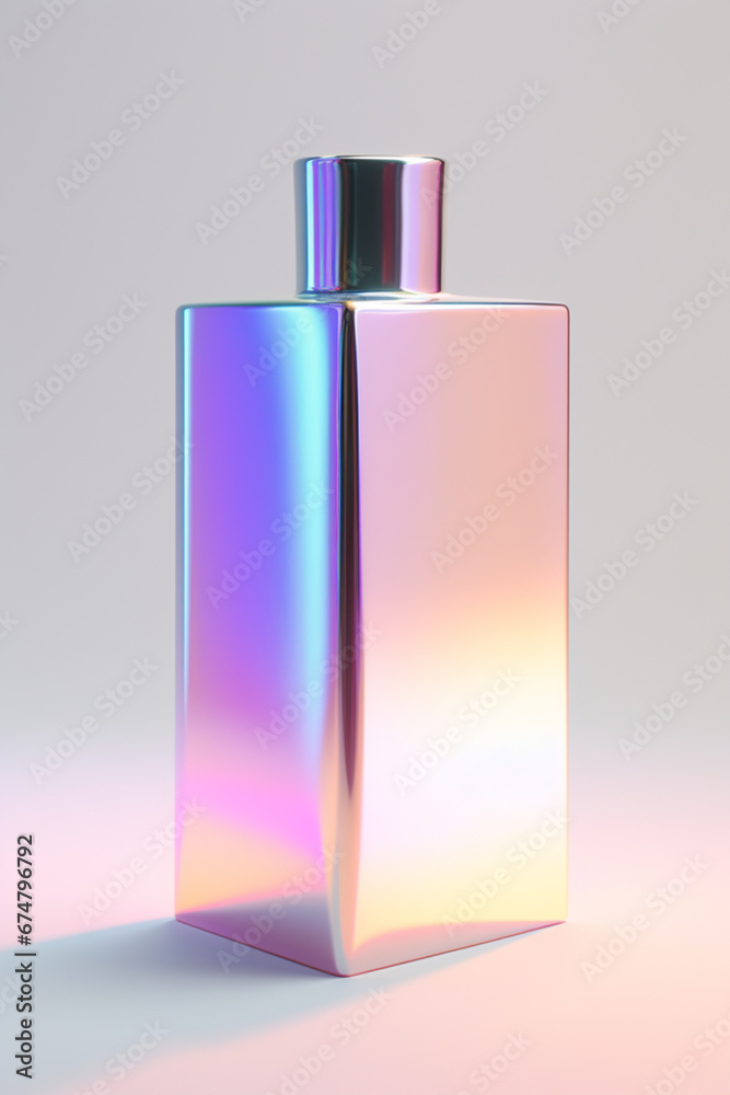 3d holographic abstract perfume bottle, pearlescent packaging render, iridescent crystal falcon or flask with holographic purple color texture., 3d render mock-up isolated on white background 3d holographic abstract perfume bottle, pearlescent packaging render, iridescent crystal falcon or flask with holographic purple color texture., 3d render mock-up isolated on white background