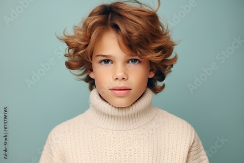 Stylish male child in a turtleneck sweater, on a minimalistic simple bright background. generative AI