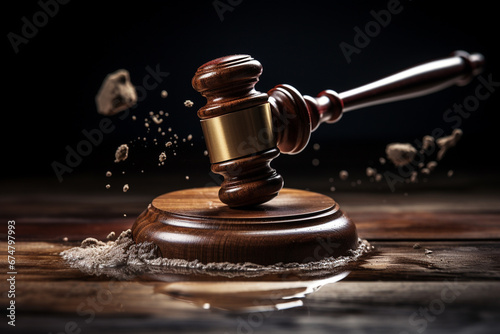 Wooden gavel and sand on wooden table. Justice concept. photo