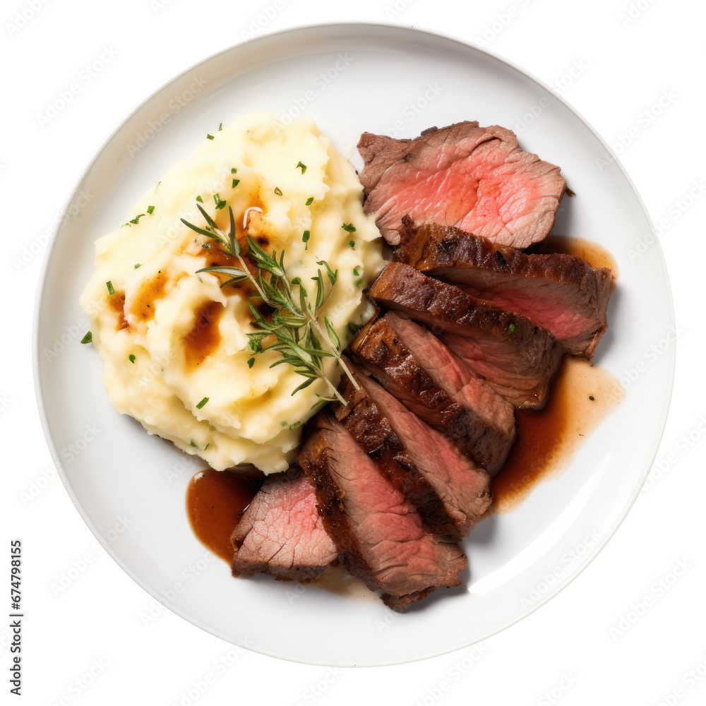 A Plate of Roast Beef and Mashed Potatoes and Gravy  Isolated on a Transparent Background 