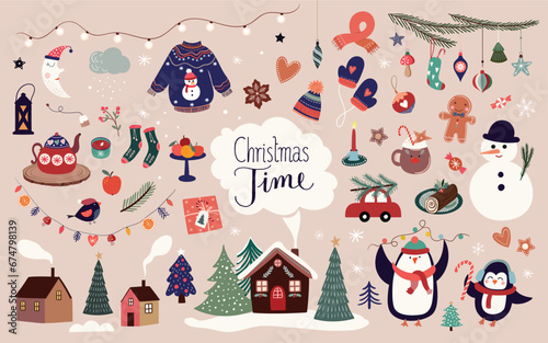Christmas time elements collection with  winter seasonal design, vector illustration