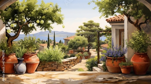 mediterranean garden with terracotta pots, olive trees, grapevines, copy space, 16:9 photo