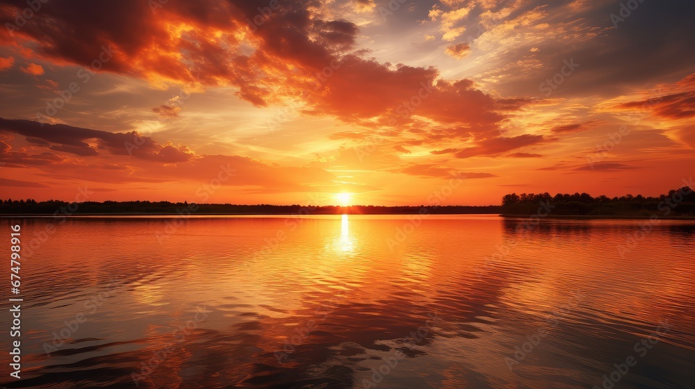 Obraz premium nature water lake sun landscape illustration reflection beautiful, sky rise, background river nature water lake sun landscape