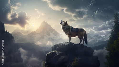lone wolf howling on a rocky hilltop, copy space, 16:9 photo