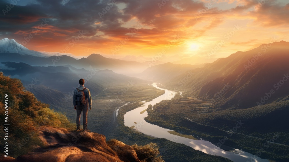 panoramic view of a hiker standing on a mountain summit at sunrise, concept: hiking, freedom. copy space, 16:9 panoramic view of a hiker standing on a mountain summit at sunrise, concept: hiking, freedom. copy space, 16:9