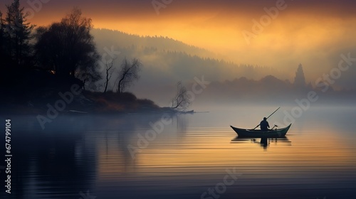small fishing boat on a misty lake at twilight, with a lone fisherman, concept: calm down. copy space, 16:9 photo