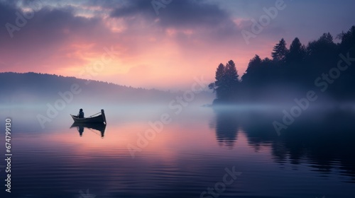 small fishing boat on a misty lake at twilight, with a lone fisherman, concept: calm down. copy space, 16:9