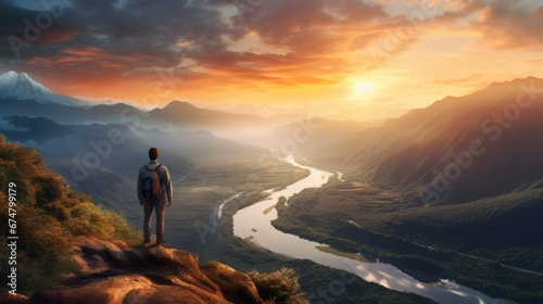 panoramic view of a hiker standing on a mountain summit at sunrise, concept: hiking, freedom. copy space, 16:9