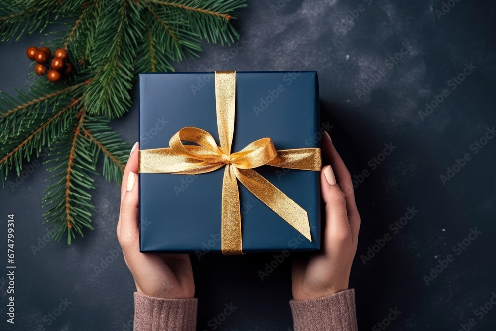 Fototapeta premium overhead view, womans hands holding a luxury gift box with gold bow against a dark blue background with christmas fir branches. Close up. New Year present.