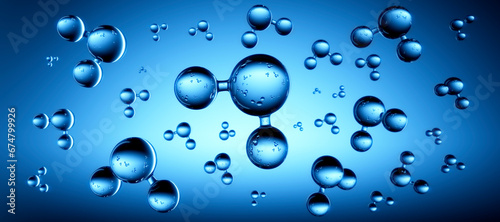 Models of water molecules floating against blue background - H2 scientific element - 3D illustration