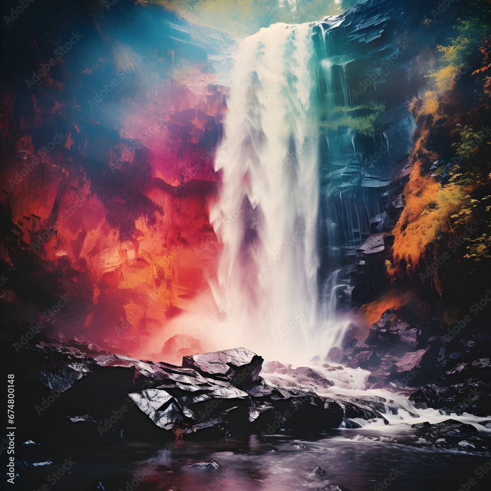 Chromatic Cascade: A Surreal Colorful Waterfall Scene