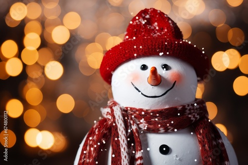 Blushing happy snowman in red hat and scarf with some blurry lights