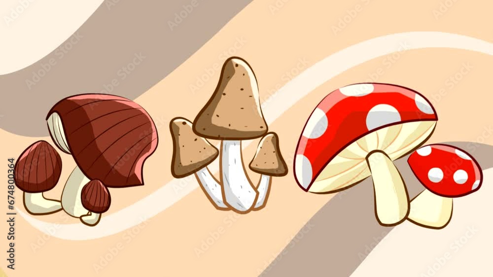 Animation with mushrooms, fast food, art.