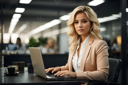 businesswoman working on laptop.
Selfconfident woman sitting on an office, very atractive woman photo