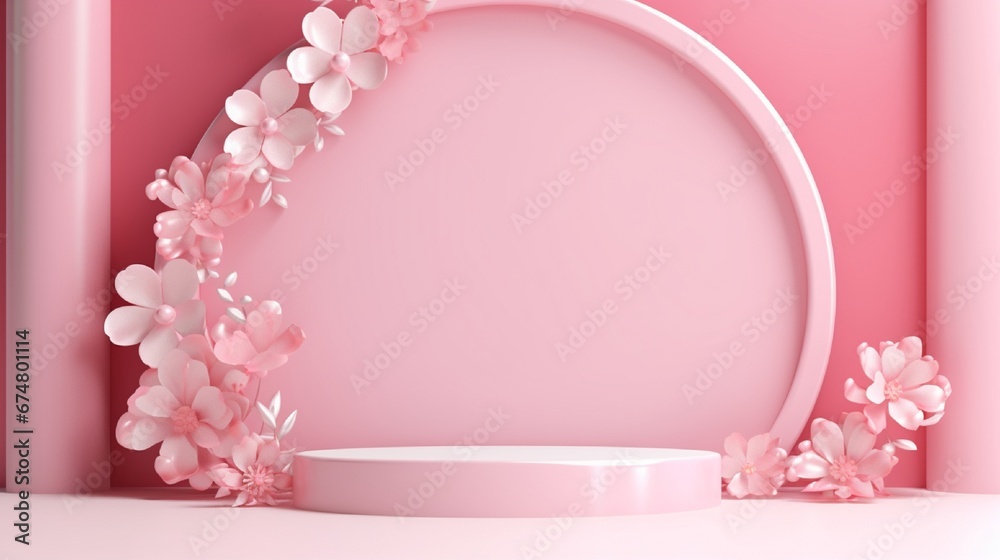 abstract pink background Floral arch and paper flowers, modern fashion design Shop showcase product display, empty podium, vacant pedestal, round stage Blank poster mockup with copy space