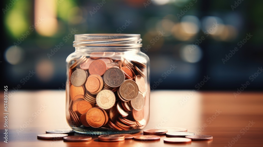 Metal coins in a glass jar. Keeping personal savings. Financial crisis, ruble devaluation. Copy space. Selective focus. Metal coins in a glass jar. Keeping personal savings. Financial crisis, ruble devaluation. Copy space. Selective focus.