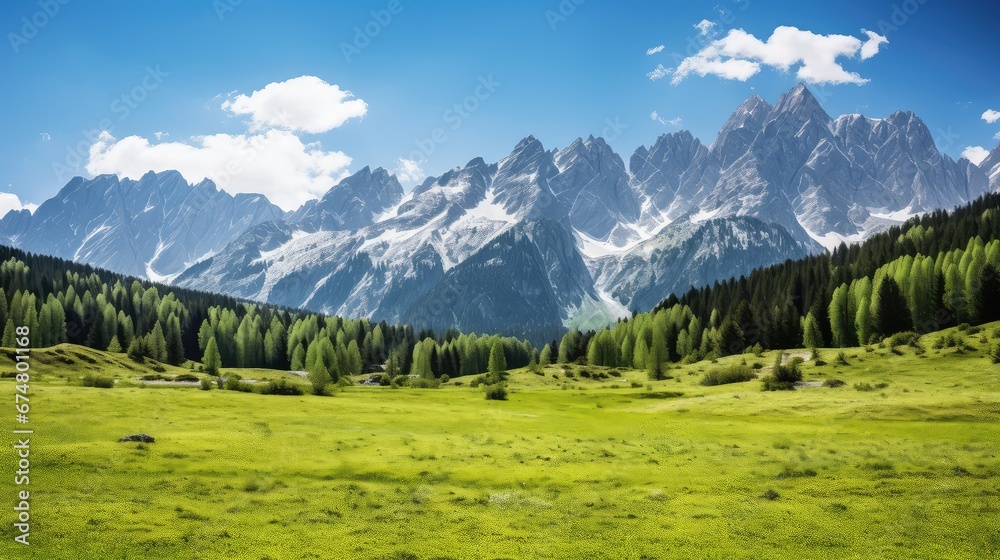 green meadow sky alpine landscape illustration scenery background, grass environment, valley travel green meadow sky alpine landscape