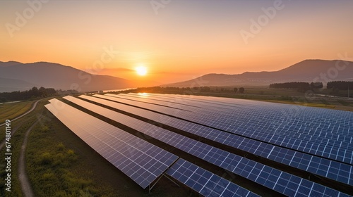 An aerial view of solar panels at sunrise