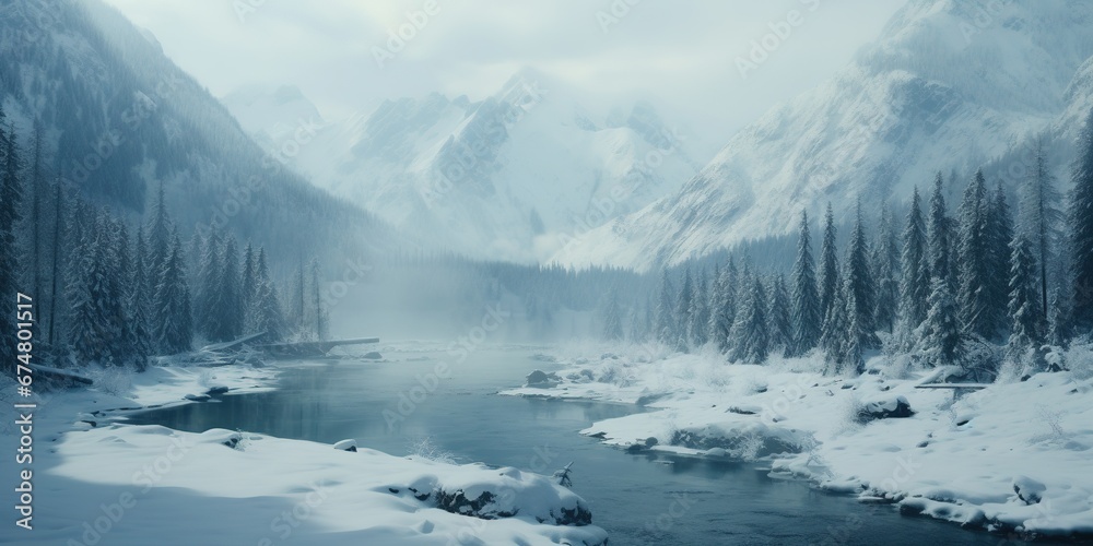 Generative AI, Winter aesthetic landscape panorama, muted neutral colors, forest and mountains. Generative AI, Winter aesthetic landscape panorama, muted neutral colors, forest and mountains.