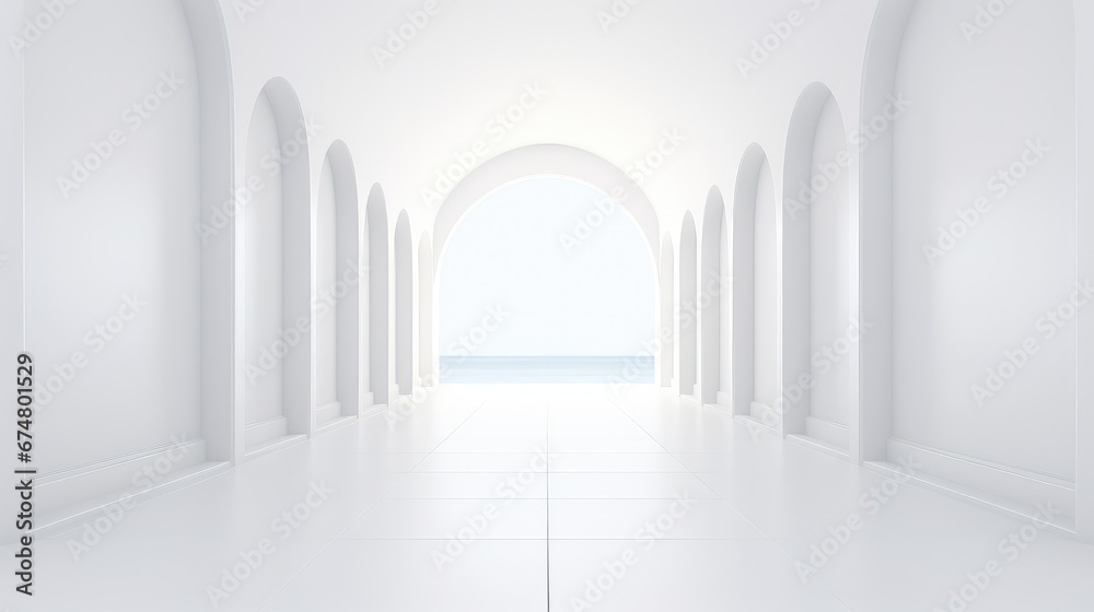interior white wall corridor background illustration infinite light, space empty, modern architecture interior white wall corridor background