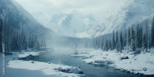 Generative AI, Winter aesthetic landscape panorama, muted neutral colors, forest and mountains. 