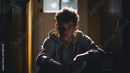 Backlit teenager sitting in a dark indoor doorway © Neo
